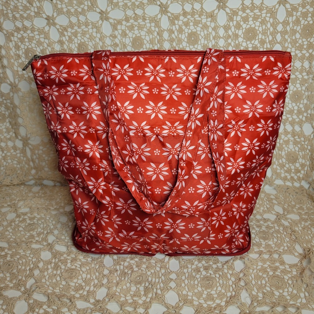 Temptations Insulated Travel Tote Shopping Bag Old World Red Floral Foldable